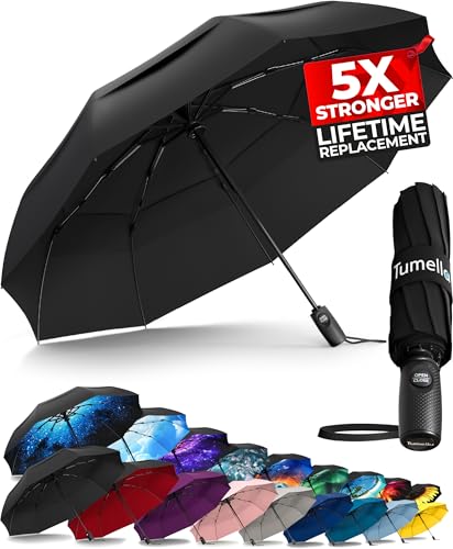 TUMELLA Strongest Windproof Travel Umbrella (Compact, Superior & Beautiful), Small Strong but Light Portable and Automatic Folding Rain Umbrella, Durable Premium Grip, Fits Car and Backpack ProductsLogo