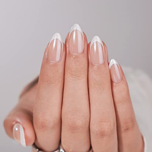 French Tip Press On Nails - BTArtbox White Almond Medium Reusable Stick On Nails in 15 Sizes - 30 Soft Gel Fake Nail Kit for Women Gift, Classic ProductsLogo