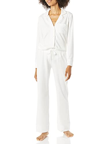 Amazon Essentials Women's Cotton Modal Long-Sleeve Shirt and Full-Length Bottom Pajama Set, White, Medium ProductsLogo