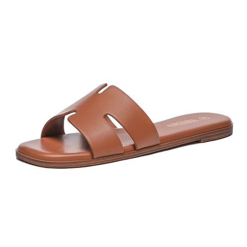 Rihero Women's Dressy Flat Sandals Comfortable Slip On Leather Slide Brown Sandals Size 8.5 ProductsLogo