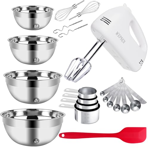 5-Speed Electric Hand Mixer, 4 Large Mixing Bowls Set, Handheld Mixers with Whisks Beater, Stainless Steel Metal Nesting Bowl Measuring Cups Spoons Kitchen Cake Blender for Baking Supplies ProductsLogo