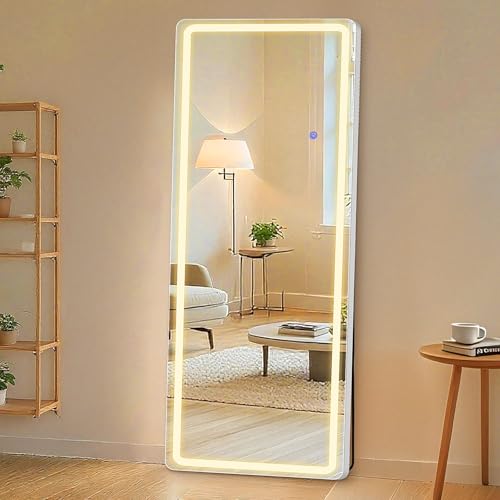 Sweetcrispy 64"x21" Full Length Standing Mirror with LED Lights, Lighted Floor Mirror with Stand, Aluminum Alloy Thin Frame, White ProductsLogo