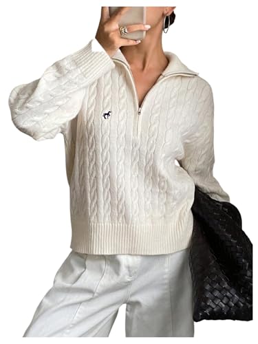 OYOANGLE Women's Graphic Half Zip Cable Knit Sweater Mock Neck Long Sleeve Jumper Tops White Large ProductsLogo