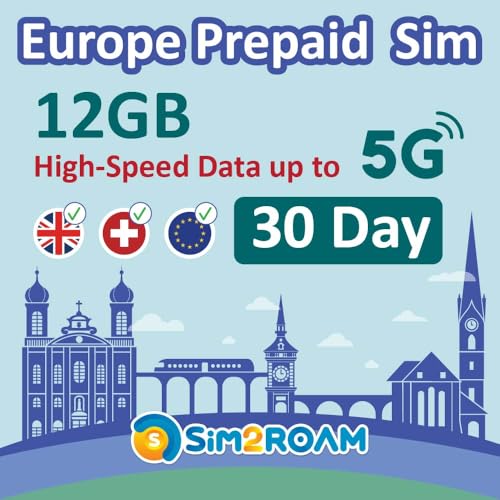 Europe Prepaid SIM Card | 30 Day Use | 12GB of 5G/4G Speed Data | Unlimited Calls & SMS | Use in The UK, Switzerland & 30+ EU Countries | Plug & Go - NO Activation Needed! ProductsLogo