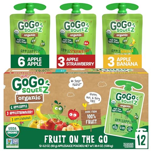 GoGo squeeZ Organic Applesauce and Fruit Puree, Variety Pack, Apple, Strawberry & Banana, 3.2 oz (Pack of 12), Unsweetened Organic Fruit Snacks for Kids, No Gluten, Nut & Dairy, BPA Free Pouches ProductsLogo