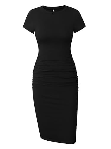 Missufe Women's Ruched Bodycon Sundress Knee Length Sheath Casual T Shirt Dress (Black, Large) ProductsLogo