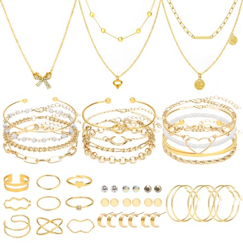 NEWITIN 49 Pieces Gold Jewelry Set for Women Fashion Costume Jewelry Gold Plated Necklace Bracelet Ring Earrings Set for Women ProductsLogo