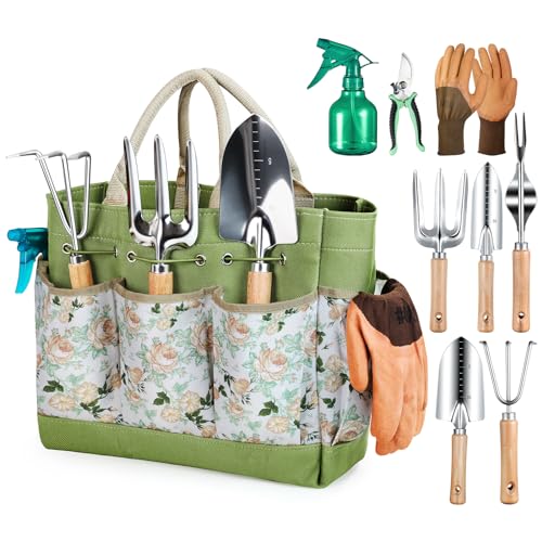 Gardening Tools 9-Piece Heavy Duty Garden Hand Tools with Fashion and Durable Garden Tools Organizer Handbag, Rust-Proof Garden Tool Set, Ideal Gardening Gifts for Women ProductsLogo