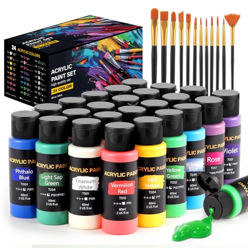 Acrylic Paint Set, 24 Colors (2 oz/Bottle) with 12 Art Brushes, Art Supplies for Painting Canvas, Wood, Ceramic & Fabric, Rich Pigments Lasting Quality for Beginners, Students & Professional Artist ProductsLogo