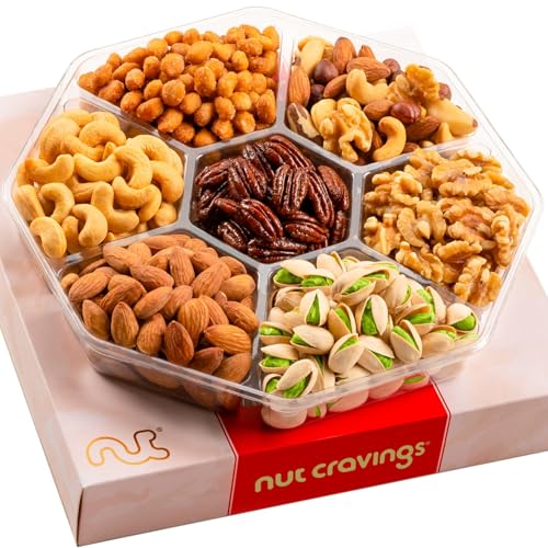 NUT CRAVINGS - Diwali Sweets Hamper Mid-Autumn Festival Mixed Nuts Gift Basket in Red Gold Box (7 Assortments, 1 LB) Food Arrangement, Healthy Snack Care Package, Food Assortments ProductsLogo