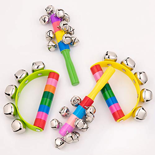 Whaline 4pcs Hand Jingle Bells Hand Sleigh Bells Rainbow Rattles Bell Handhold Wooden Bells with Handle Musical Instrument Gifts School Desk Ring Bell for Education Party Christmas ProductsLogo