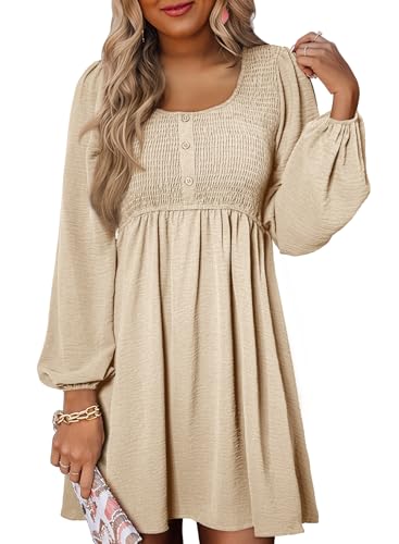 Dokotoo Long Sleeve Dresses for Women 2025 Casual Smocked Crewneck Empire Waist Dresses Elegant A-Line Mini Flowy Fall Dress Apricot X-Large ProductsLogo