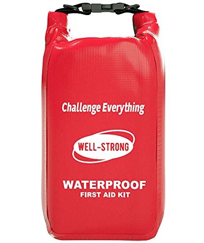 WELL-STRONG Waterproof First Aid Kit Roll Top Boat Emergency Kit with Waterproof Contents for Fishing Kayaking Boating Swimming Camping Rafting Beach Red ProductsLogo