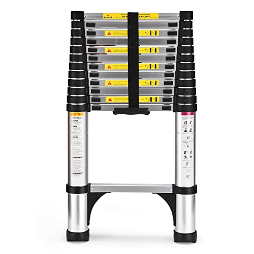 Telescoping Ladder, SocTone 12.5 FT Aluminum Lightweight Extension Ladder with 2 Triangle Stabilizers, Heavy Duty 330lbs Max Capacity, Multi-Purpose Collapsible Ladder for RV or Outdoor Work ProductsLogo