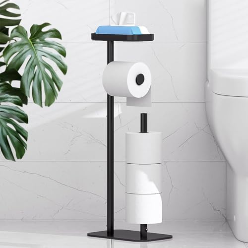 Kitsure Toilet Paper Holder Free Standing – Rustproof Metal Toilet Paper Stand for 4 Rolls with Anti-Slip Base and Shelf for Phone & Small Items, Bathroom Organizers and Storage, Medium, Black ProductsLogo