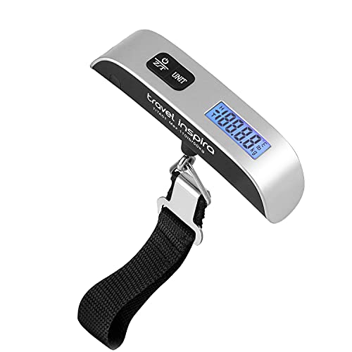 travel inspira Luggage Scale, Portable Digital Hanging Baggage Scale for Travel, Suitcase Weight Scale with Rubber Paint, 110 Pounds, Battery Included - Silver ProductsLogo
