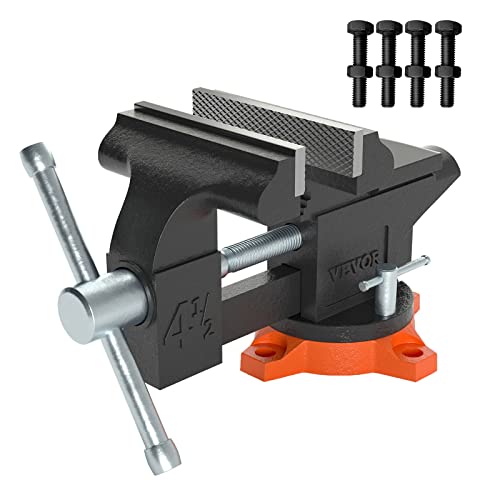 VEVOR Bench Vise, 4.5-inch Jaw Width 3.3-inch Jaw Opening, 240-Degree Swivel Locking Base Multipurpose Vise w/Anvil, Heavy Duty Cast Iron Workbench Vise w/Bolts & Nuts, for Drilling, Pipe Cutting ProductsLogo