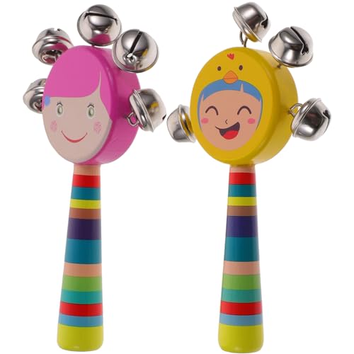 SUPVOX 2pcs Wood Jingle Rattle Bell Handheld Hand Jingle Bell Children Rattle Toys Baby Grip Training Toy Cartoon Shaking Rattle for Baby Nursing Supplies ProductsLogo
