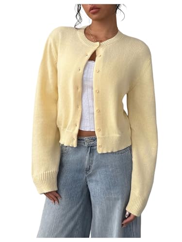 SOLY HUX Women's Button Down Long Sleeve Crewneck Crop Cardigan Sweater Cute Knitwear Clothes Mustard Yellow Large ProductsLogo