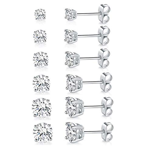 18K White Gold Plated 4 Pong Round Clear Cubic Zirconia Stud Earring Pack of 6 Pairs (6 Pairs) ProductsLogo