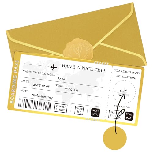 Golden Ticket Scratch Off with Envelopes and Seal, Golden Scratch Off Cards for Air Ticket Gift, Gold Surprise Gifts Tickets for Valentine's Day Birthday Girlfriends Vacation Couple Dating etc ProductsLogo
