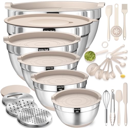 Mixing Bowls with Airtight Lids Set, 26PCS Stainless Steel Khaki Bowls with Grater Attachments, Non-Slip Bottoms & Kitchen Gadgets Set, Size 7, 4, 2.5, 2.0,1.5, 1QT, Great for Mixing & Serving ProductsLogo