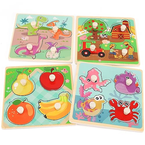 Wooden Peg Puzzles for Toddlers 1-3, Kids' Educational Preschool Peg Puzzle Toy, Set of 4 Toddler Puzzles - Farm, Dinosaur, Fruit and Marine Animals, Ideal Gift for Ages 1 2 3 Boys and Girls ProductsLogo