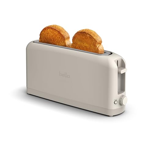 bella 2 Slice Slim Toaster, Fits-anywhere™ Kitchenware, 6 Setting Shade Control with Reheat & Cancel Buttons, Fits sourdough, 10” Long Slot, Anti Jam & Auto Shutoff, 900 Watt, Oatmilk ProductsLogo