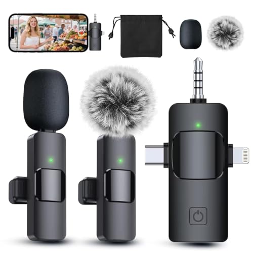 PQRQP 3 in 1 Professional Wireless Lavalier Microphone for iPhone, Android, Camera, Wireless Mini Microphones, Crystal Clear Sound Quality for Recording, Live Streaming, YouTube, TikTok, Elegant Black ProductsLogo