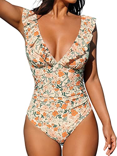 CUPSHE One Piece Swimsuit for Women Deep V Neck Ruffle Tummy Control Back Tie Floral Print Bathing Suits ProductsLogo