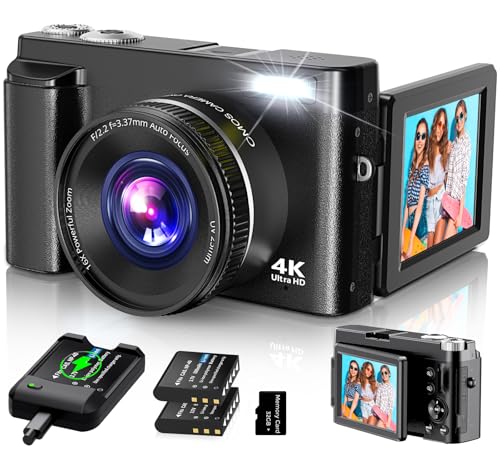 4K Digital Camera for Photography Autofocus, 2024 Latest 48MP Vlogging Camera for YouTube with SD Card, 2 Batteries, 3" 180°Flip Screen Compact Travel Camera for Teens with 16X Zoom, Anti-Shake,Black ProductsLogo