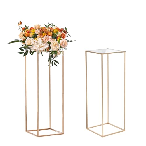 VEVOR Wedding Flower Stand 2 Pcs, 31.5-Inch High with Acrylic Laminate, 33LBS Weight Capacity Iron Centerpiece Stands, Gold Rectangular Floral Display Rack, for Events Reception, Party Decoration ProductsLogo