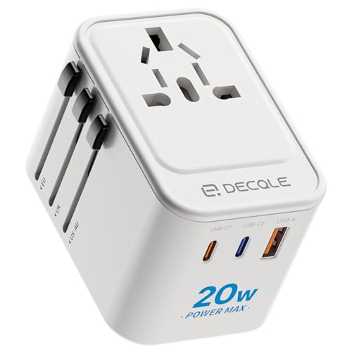 decqle Universal Travel Adapter, International Travel Plug Adapter with 2 USB-C(PD 20W) ＆ 1 USB-A Ports, All in One Portable Adaptor, for USA, UK, EU, AU ＆ 224+ Countries (White) US ProductsLogo