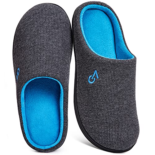 VeraCosy Men's Two-Tone Memory Foam House Slippers Indoor Outdoor Durable Rubber Sole (Dark Gray/Blue, 11-12 US) ProductsLogo