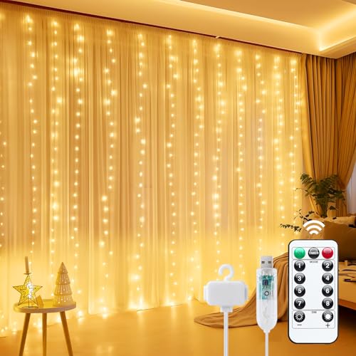 Minetom Curtain Lights, 300 LED Dimmable Fairy Lights with Remote and Timer, 8 Modes, USB Powered String Lights for Room Wall Party Xmas Indoor Decor, Warm White ProductsLogo
