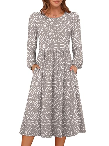 ANRABESS Womens Long Sleeve Floral Midi Dress Crew Neck 2025 Fall Fashion Casual Flowy A-Line Long Dresses with Pockets Vacation Boho Outfits Grey Khaki White Dot L ProductsLogo