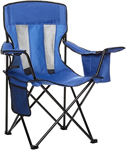 Amazon Basics Portable Camping Chair with 4-Can Cooler, Side Pocket, Cup Holder, and Carry Bag, Collapsible for Camping, Tailgates, Beach, and Sports, Large, Mesh Back, Blue ProductsLogo
