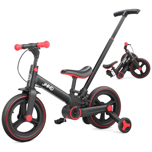 JMMD Toddler Bike with Push Handle for Kids 18-60 Months, 6 in 1 Foldable Push Bike with Training Wheels, Pedals, Brakes, Kickstand, Kid Balance Bike Gift & Toys for Boy & Girl, Black ProductsLogo