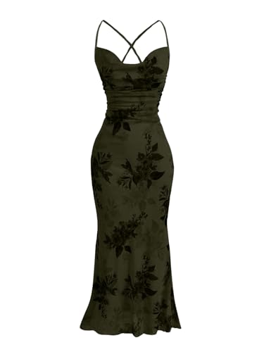 SOLY HUX Women's Floral Mesh Bodycon Cami Dress Cowl Neck Sleeveless Cocktail Party Wedding Guest Long Maxi Dresses Army Green Floral Medium ProductsLogo