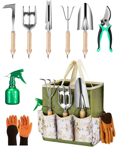 9-Piece Premium Gardening Tool Set for Women - Heavy Duty Stainless Steel Rust-Proof Tools with Fashion Storage Tote | Perfect Gardening Gifts for Mom, Mother's Day, Birthday & Outdoor (Green) ProductsLogo