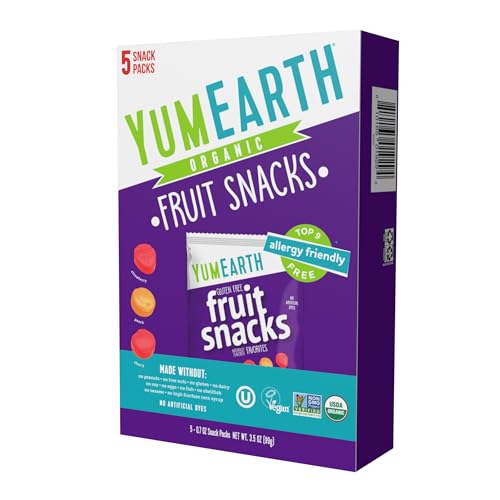 YumEarth Organic Assorted Flavor Fruit Snacks - Allergy Friendly (Top 9 Free), No Artificial Dyes or Flavors, Non GMO, Gluten Free, Vegan Candy Snacks - 0.7 Ounce (Pack of 5) (3.5 Ounce Box (Pack of 5), Fruit) ProductsLogo