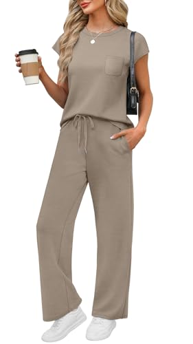 WIHOLL Womens Loungewear Set 2 Piece Travel Airport Outfits on Plane Summer Business Casual Lounge Set Ladies Cruise Short Sleeve Clothes Wide Leg Pants Matching Sets Womens Clothing Coffee M ProductsLogo
