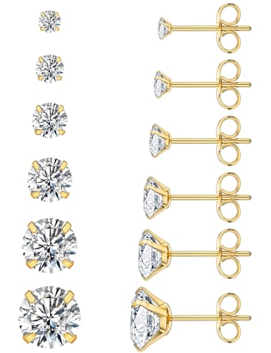 6 Pairs Stud Earrings Hypoallergenic Cubic Zirconia 316L Earrings Stainless Steel CZ Earrings Set 3-8mm (Gold) ProductsLogo