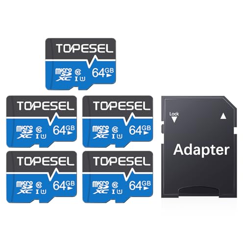 TOPESEL 5-Pack 64GB Micro SD Card Class 10 Micro-SDXC Memory Card UHS-I, High Speed Flash TF Card for Security Camera/Smartphone/Drone/Dash Cam/Tablet/PC, C10, U1, 64GB 5Pack ProductsLogo