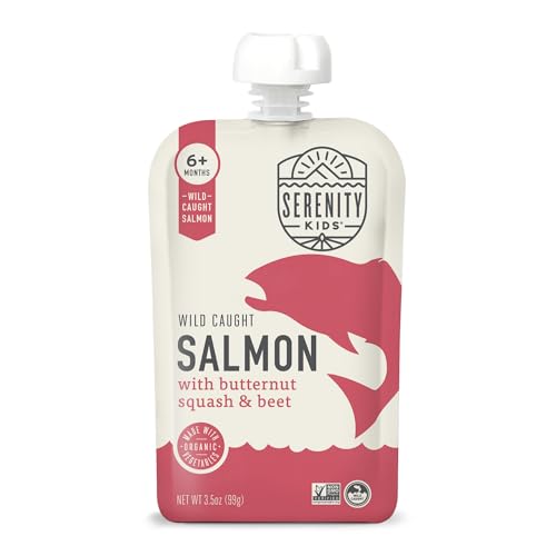 Serenity Kids 6+ Months Baby Food Pouches Puree Made With Ethically Sourced Meats & Organic Veggies | 3.5 Ounce BPA-Free Pouch | Wild Caught Salmon, Butternut Squash, Beet | 1 Count ProductsLogo