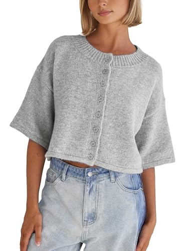 Springrain Cardigan Sweaters for Women Lightweight Knit Cropped Cardigan Button Up Solid Knitwear(LightGrey-S) ProductsLogo