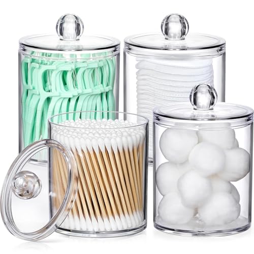 4 Pack Acrylic Qtip Holder Dispenser for Cotton Swabs, Balls, Pads, Floss Picks- Small Clear Plastic Canister Apothecary Jar Set, Bathroom Essentials Accessories Decor, Vanity Makeup Storage Organizer ProductsLogo