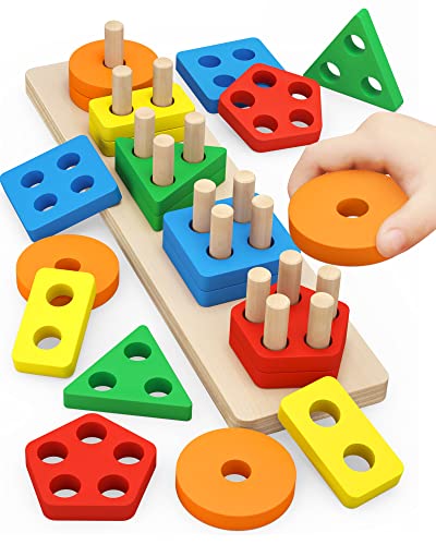 PEBIRA Montessori Toys for 1 to 3-Year-Old Boys Girls Toddlers, Wooden Sorting & Stacking Toys for Toddlers and Kids Preschool, Educational Color Recognition Shape Sorter, Learning Puzzles Gift ProductsLogo