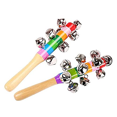 2 Pack Vivid Color Rainbow Handle Wooden Bells Jingle Stick Shaker Rattle 10 Jingle Bells Baby Kids Children Musical Toys ProductsLogo