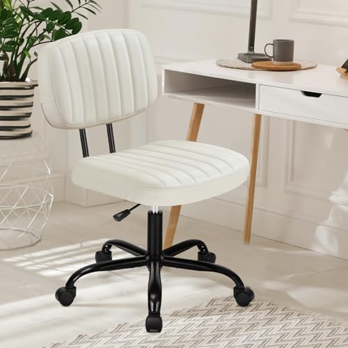DUMOS Armless Home Office Desk Chair -Small Ergonomic with Low Back Lumbar Support, Height Adjustable PU Leather Computer Task with 360° Swivel Rolling Wheels, for Small Space, Beige White ProductsLogo